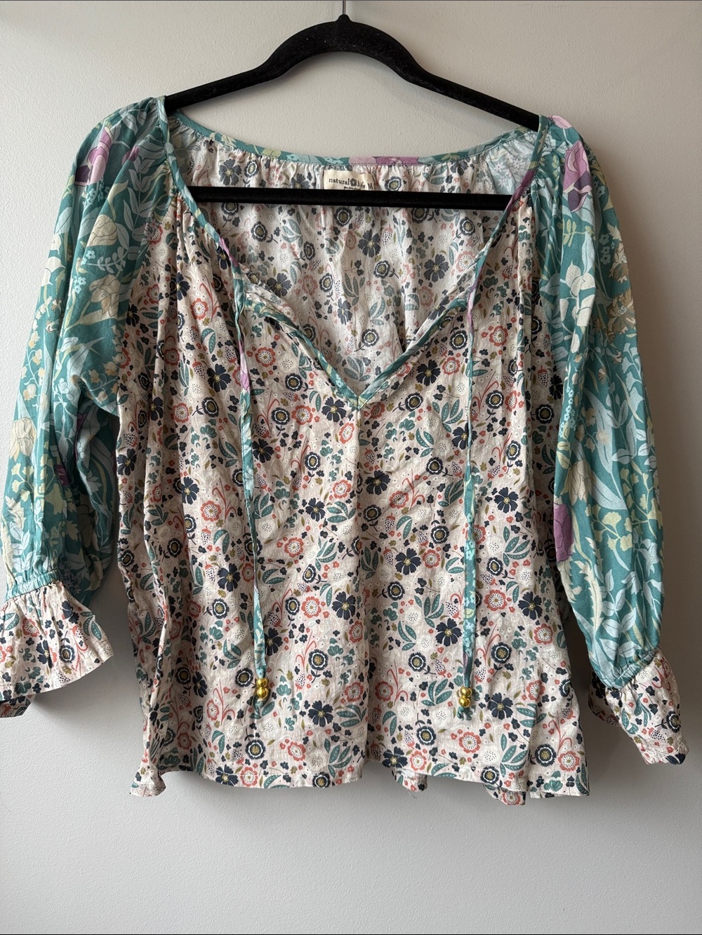 NATURAL LIFE Teal and Cream Floral Tie-Front Peasant Top fall cotton medium